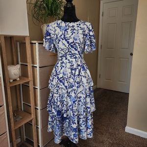 Midi Flowy White/Blue Dress, Size M, Modest